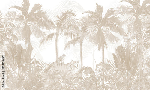 Retro Nature Wall Mural: Sepia Tone Leaves & Palm Trees Background Design