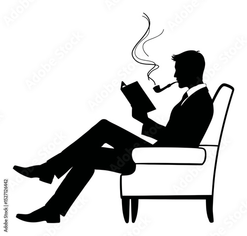 Elegant Silhouette of a Man Enjoying a Book and Pipe in Profile View