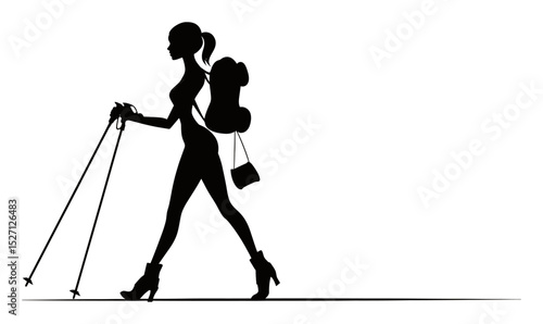 Elegant Silhouette of a Woman Hiking with Backpacks and Poles in Art Style