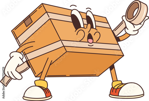 Groovy delivery cardboard box character. Post package or mail parcel, logistic service paper box funny retro personage or mascot. Delivery cardboard container groovy vector character using sticky tape