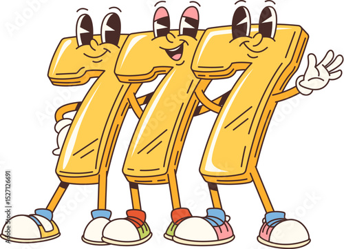Groovy casino three seven signs characters. Las Vegas gambling jackpot win, casino roulette game luck and victory funky vector personages. Three golden seven cheerful characters standing together