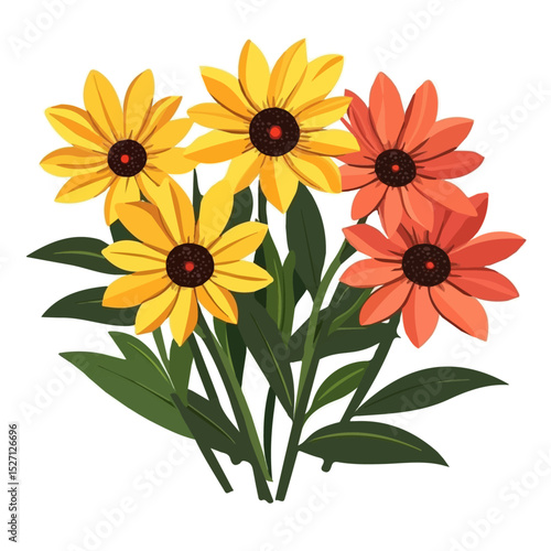 A Gazania Bouquet vector 2D flat illustration, isolated on a white background.