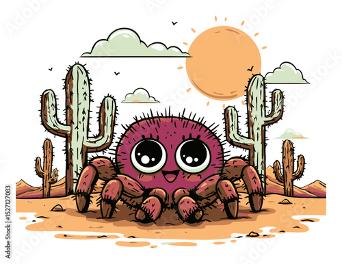 Cute Cartoon Spider with Cacti and Desert Landscape Illustration
