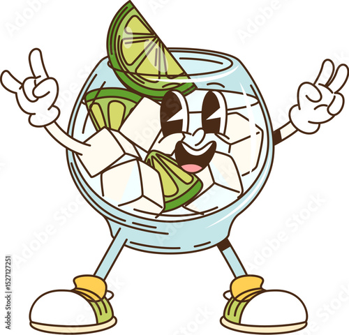 Cartoon groovy gin tonic glass character. Alcohol beverage with gin and tonic, ice cubes and lime lemon slice 60s groovy vector personage or mascot. Bar cocktail or pub drink isolated character