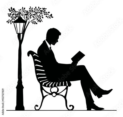 Elegant Silhouette of Man Reading on a Bench Under a Lamp Post