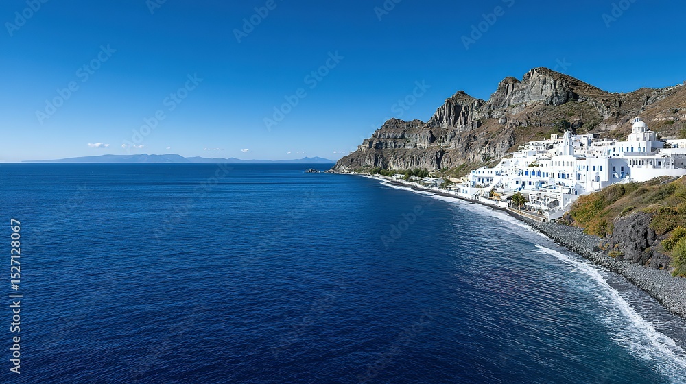 Fototapeta premium Coastal town nestled against a hillside, overlooking a dark-colored beach.