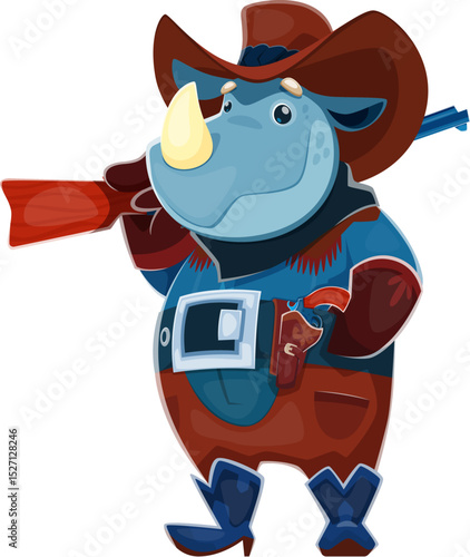 Cartoon rhinoceros cowboy, Wild West animal bandit or sheriff with rifle gun, vector character. Funny rhinoceros in Western cowboy hat with revolver gun and bandoleer for Texas ranger robber character