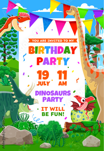 Birthday party flyer with funny prehistoric dinosaurs. Kids holiday event invitational poster with adorable cartoon dino characters and festive decor. Vector invitation card with Jurassic era reptiles