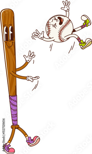 Baseball bat and ball sport groovy cute character. Sport tournament happy groovy vector personage, baseball game team cute hippie mascots. Sport game league competition cheerful retro character