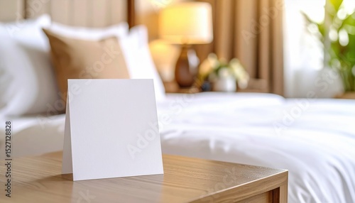 Elegant hotel room with a blank table tent card on the nightstand, ideal for messages or branding mockups