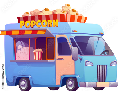 Popcorn street food truck, vintage festival foodtruck car, festival van. Cartoon vector vintage auto with pop corn bucket on top and awning. Vector retro mobile at fairs, carnivals, and street markets