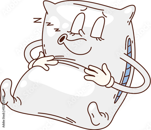 Cartoon groovy sleeping pillow, furniture character. Napping, dreaming and snoring rectangular pillow with white pillowcase funny personage or mascot. Home bedroom furniture isolated groovy character