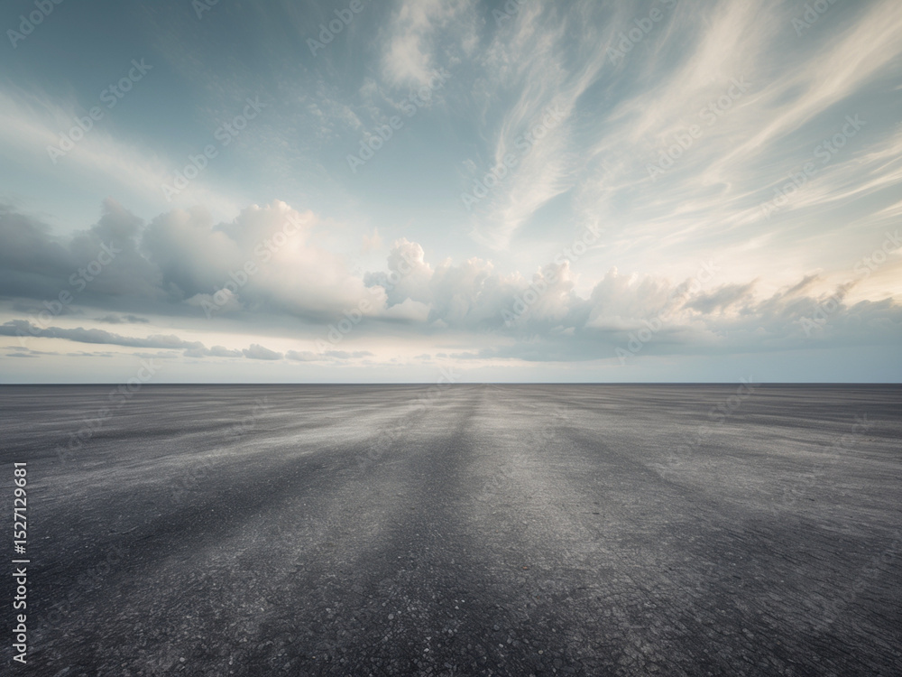 Fototapeta premium A vast, empty asphalt road stretching to the horizon under a dramatic, cloudy sky, creating a sense of openness and journey.