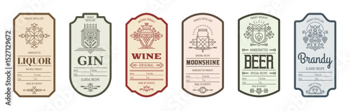 Alcohol label templates with vector line geometric pattern. Alcohol drink bottle labels set for wine, beer, gin and brandy, liquor and moonshine beverages with outline grapes and flowers ornaments