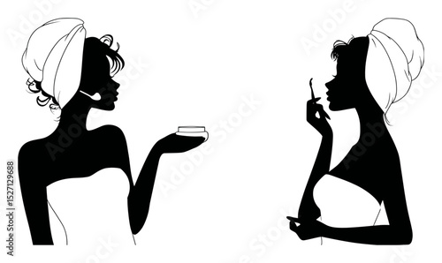 Elegant Silhouette Art of Women Applying Beauty Products with Hand Gestures