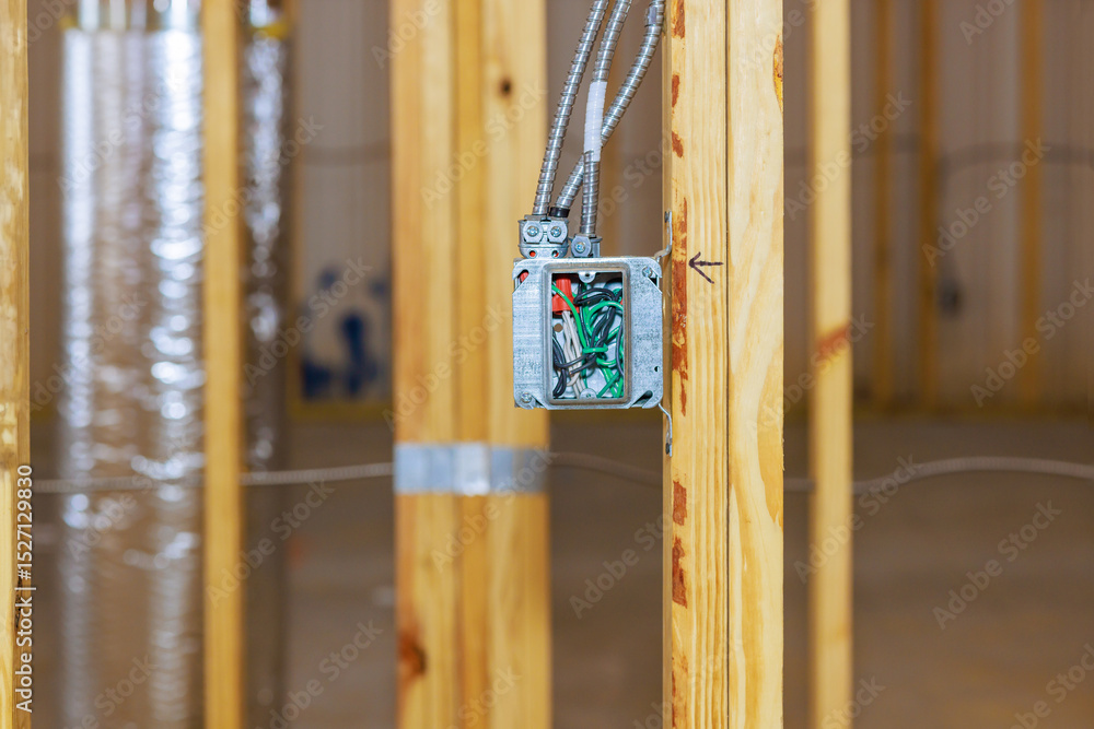 Naklejka premium Construction workers install an electrical box in newly framed room while building house.