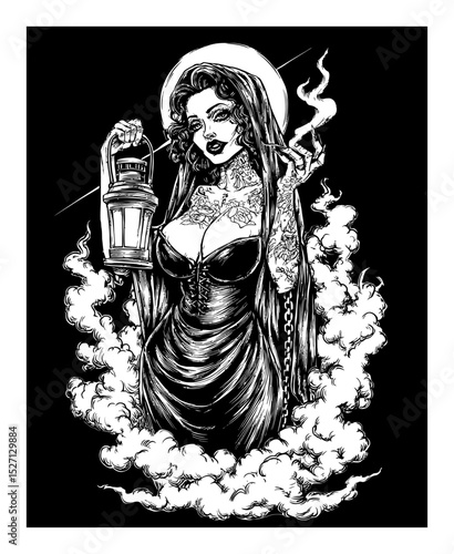 Hand-Drawn Gothic Illustration of a Mysterious Woman with Lantern