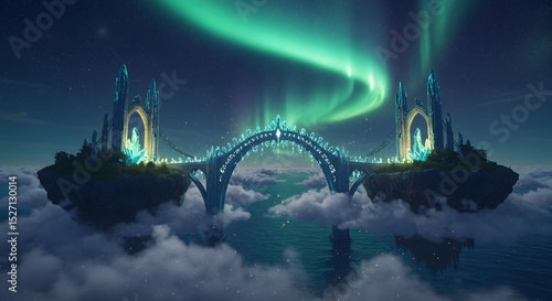 Enchanted Bridge Fantasy Artwork of Floating Isles and Aurora Borealis