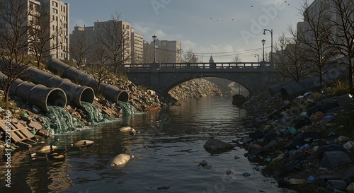 Highly detailed 3D illustration of a polluted river flowing through a city, with pipes dumping chemical waste, dead fish floating, plastic and trash piling along the banks.