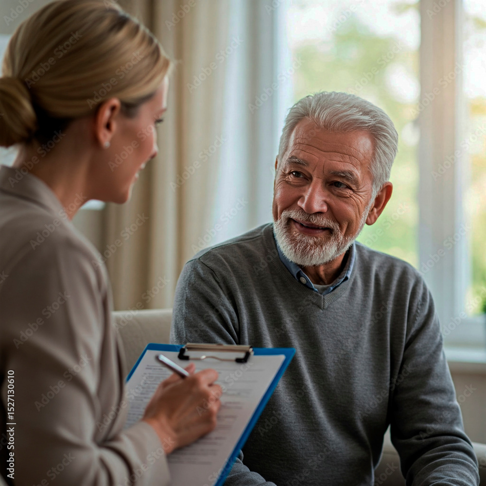 Caring Caregiver Talking with Senior Man at Home Caring Caregiver Talking with Senior Man at Home
