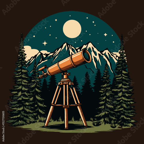 Night Sky Exploration with Telescope in Mountain Landscape Illustration
