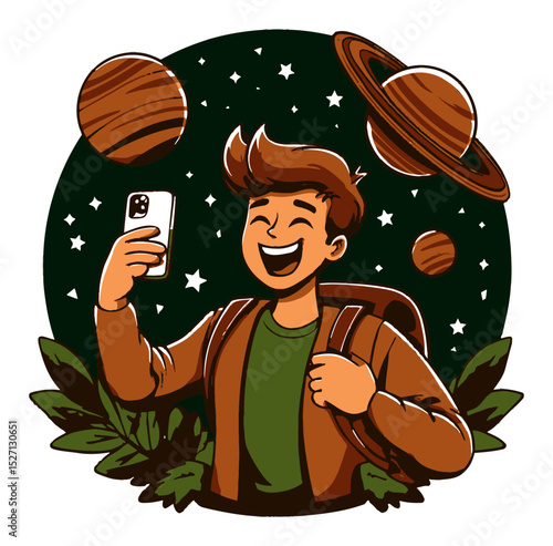 Joyful Cartoon Character with Smartphone in Space Illustration