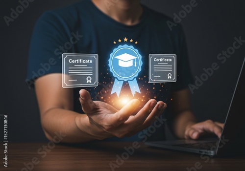 Man holding digital certificate icon with graduation cap, symbolizing online learning achievement. Concept of e-learning, remote education, and professional certification system.