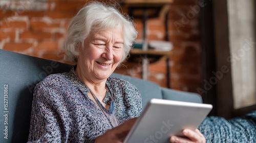 Elderly woman smiling while video calling on tablet