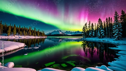 Colorful aurora borealis reflecting on a frozen lake with snowy trees and mountains as a natural phenomenon and winter landscape footage.
