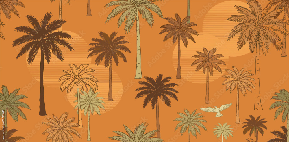 Fototapeta premium red, tropical, sunset, summer, palm, tree, pattern, nature, vector, beach, background, ocean, landscape, silhouette, island, vacation, plant, fashion, floral, paradise, tropics, art, jungle, illustrat
