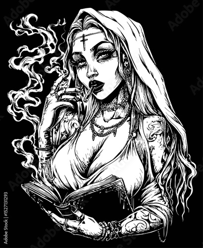 Gothic Hand-Drawn Illustration of a Mysterious Woman with Book and Smoke