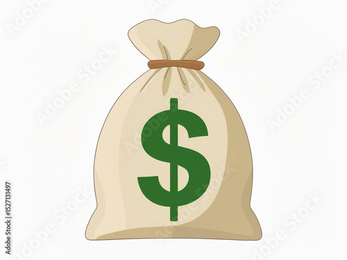 A simple, flat-style illustration of a money bag with a green dollar sign, symbolizing wealth, savings, and finance on white.