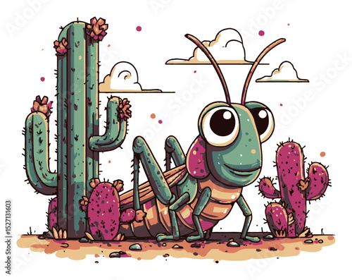 Colorful Cartoon Grasshopper Near Cacti in a Vibrant Desert Landscape