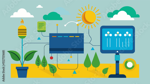 A solarpowered smart irrigation controller using sensors to calculate and adjust watering schedules based on weather soil moisture and crop type.. Vector illustration