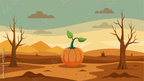 A lone pumpkin in an unforgiving landscape embodies the neverending battle for sustainable food sources.. Vector illustration