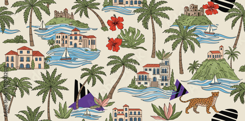 Tropical summer vibes with palm tree, sea island, sail boat, coastal urban sketching, ocean, hibiscus flower. Cute hand-drawn vector seamless pattern, 