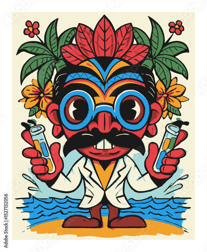 Vibrant Tropical Cartoon Character with Mask and Test Tubes in Art Style