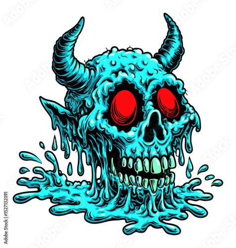 Mysterious Demon Skull with Dripping Liquid and Glowing Red Eyes