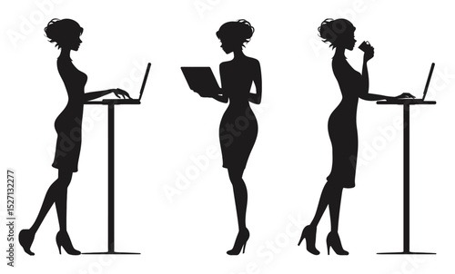 Elegant Silhouettes of Women Working on Laptops and Holding Devices
