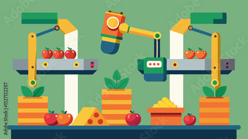 An innovative sorting system utilizes robotic arms and 3D cameras to scan and sort vegetables in realtime optimizing the sorting process and reducing waste.. Vector illustration