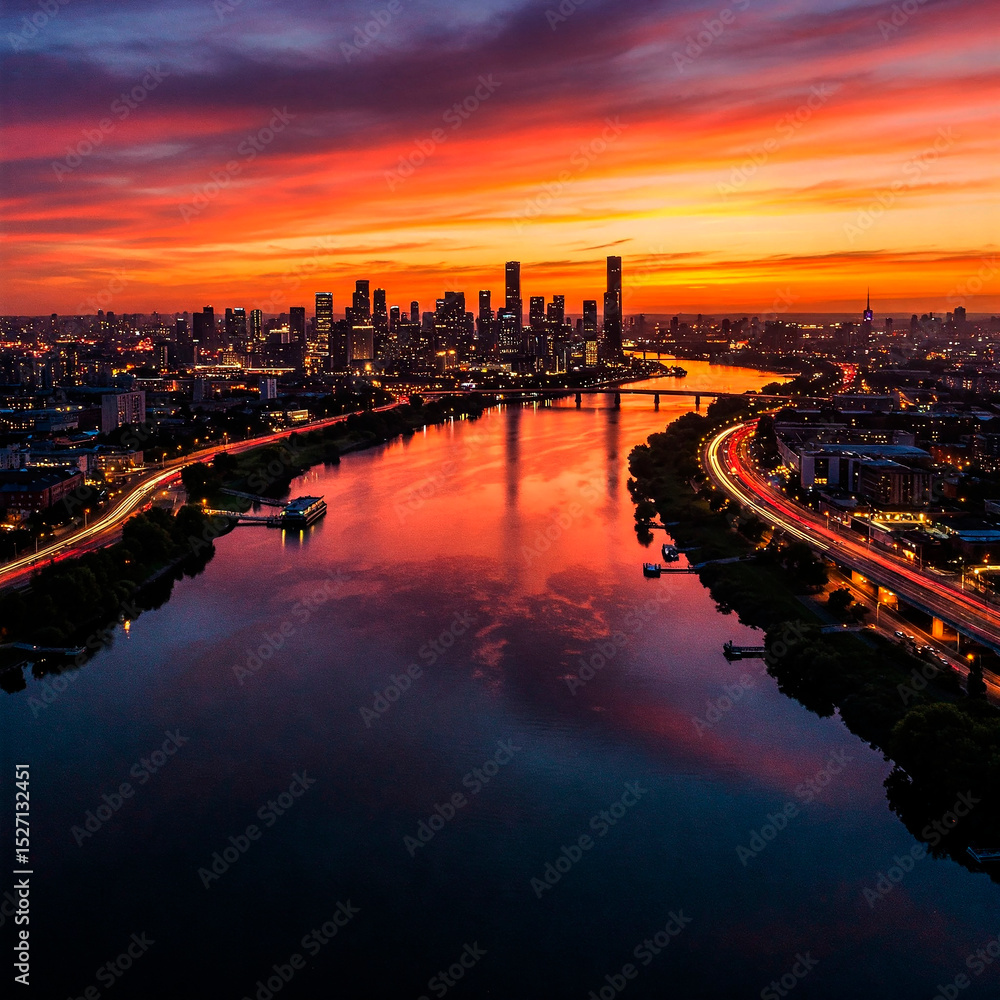 Fototapeta premium Cityscape at Sunset with River Reflection