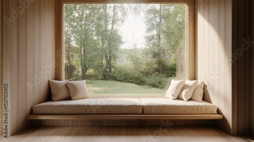 Cozy yet modern reading nook with built-in bench, natural light, minimal cushions, and soft tones