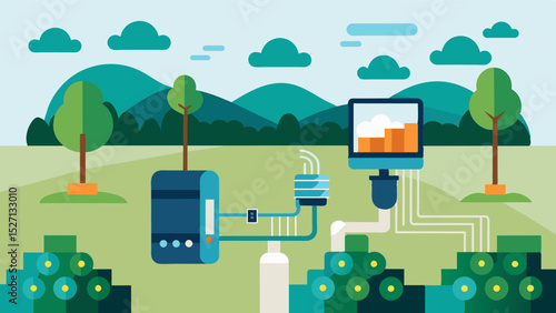 Automated irrigation systems that can be remotely controlled via a connected device ensuring optimal water usage for each section of the vineyard.. Vector illustration