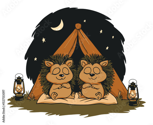 Peaceful Hedgehogs Camped Under the Stars in a Tent Illustration