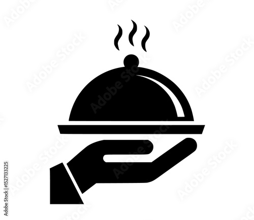 Hand Presenting Steaming Hot Food on a Cloche Icon - Restaurant Service, Catering, and Fine Dining Symbol