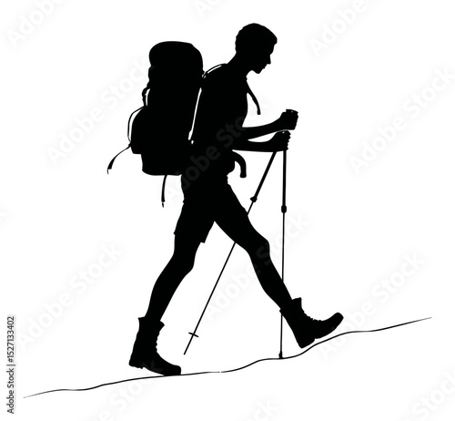 Hand-Drawn Silhouette of a Hiker Walking with Backpack and Trekking Poles