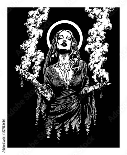 Dark Gothic Illustration of a Mysterious Woman Surrounded by Smoke and Symbols