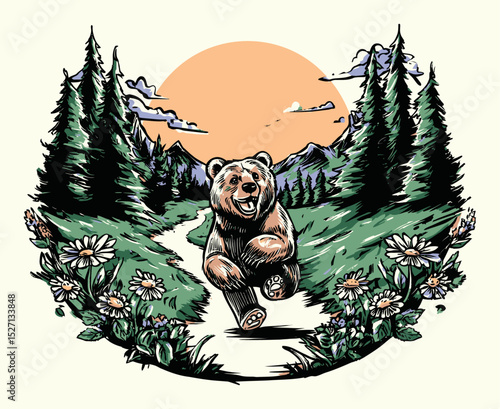 Playful Bear Running Through a Scenic Mountain Landscape with Flowers
