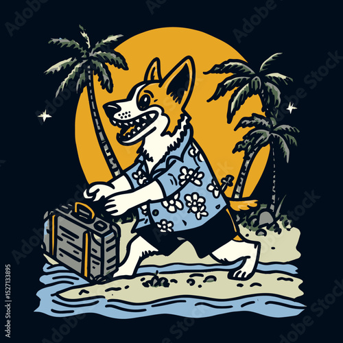 Cheerful Cartoon Dog Character with Briefcase on Tropical Beach