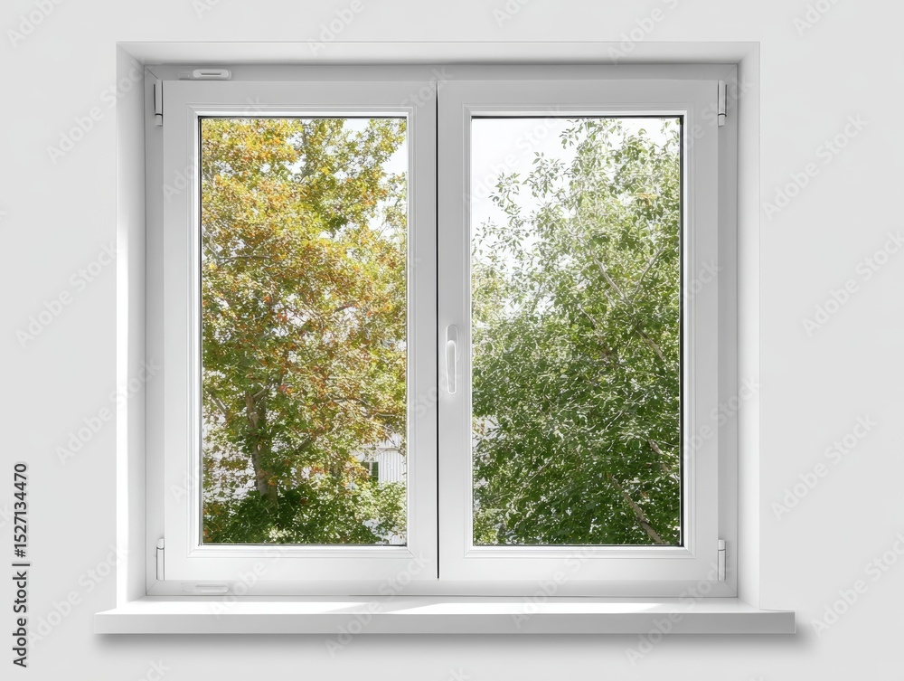 Fototapeta premium White pvc window showing colorful autumn trees